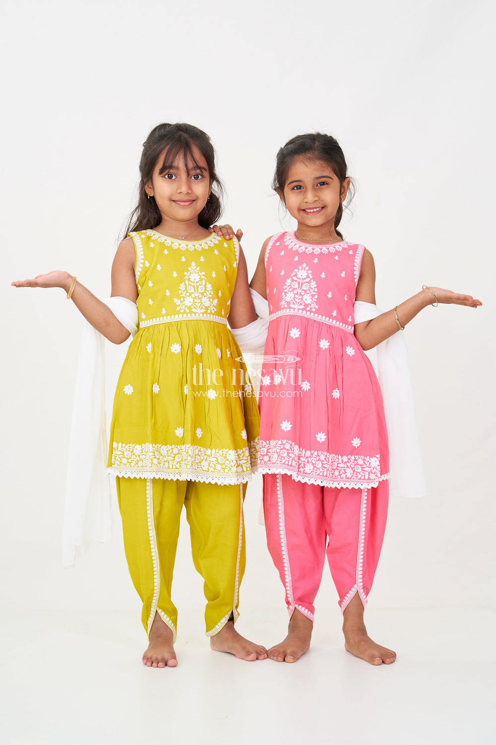 The Nesavu Girls Dothi Sets Girls dark pink sharara Set with Rayon Thread Embroidery and White Dupatta for Ethnic Charm Nesavu Nesavu Girls dark pink sharara Set White Thread Embroidery Dupatta Festive Elegance