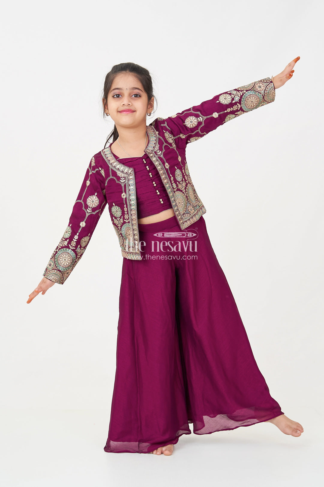 The Nesavu Girls Sharara / Plazo Set Girls Dark Purple Sharara Set with Viscose Organza Embroidered Top and Plazo Bottoms Nesavu 24 (5Y) / Purple GPS606A-24 Girls Dark Purple Sharara Set Embroidered Organza Top Flowy Plazo Pants | The Nesavu