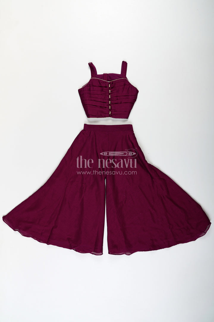 The Nesavu Girls Sharara / Plazo Set Girls Dark Purple Sharara Set with Viscose Organza Embroidered Top and Plazo Bottoms Nesavu Girls Dark Purple Sharara Set Embroidered Organza Top Flowy Plazo Pants | The Nesavu