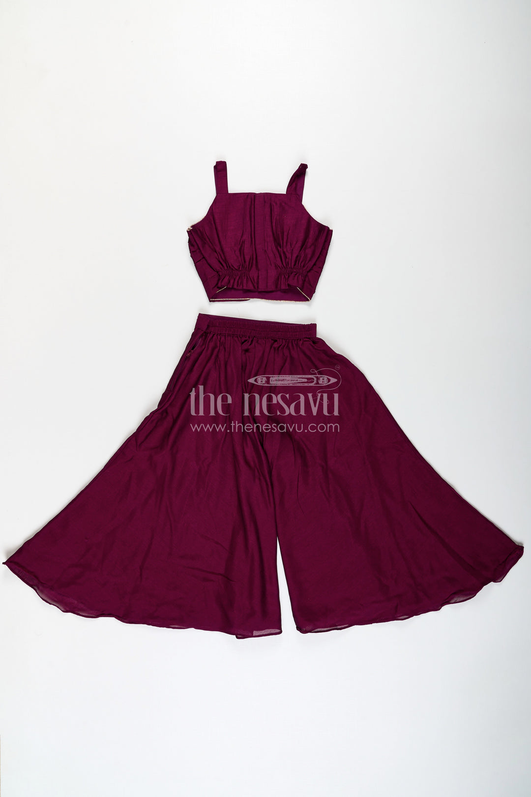 The Nesavu Girls Sharara / Plazo Set Girls Dark Purple Sharara Set with Viscose Organza Embroidered Top and Plazo Bottoms Nesavu Girls Dark Purple Sharara Set Embroidered Organza Top Flowy Plazo Pants | The Nesavu