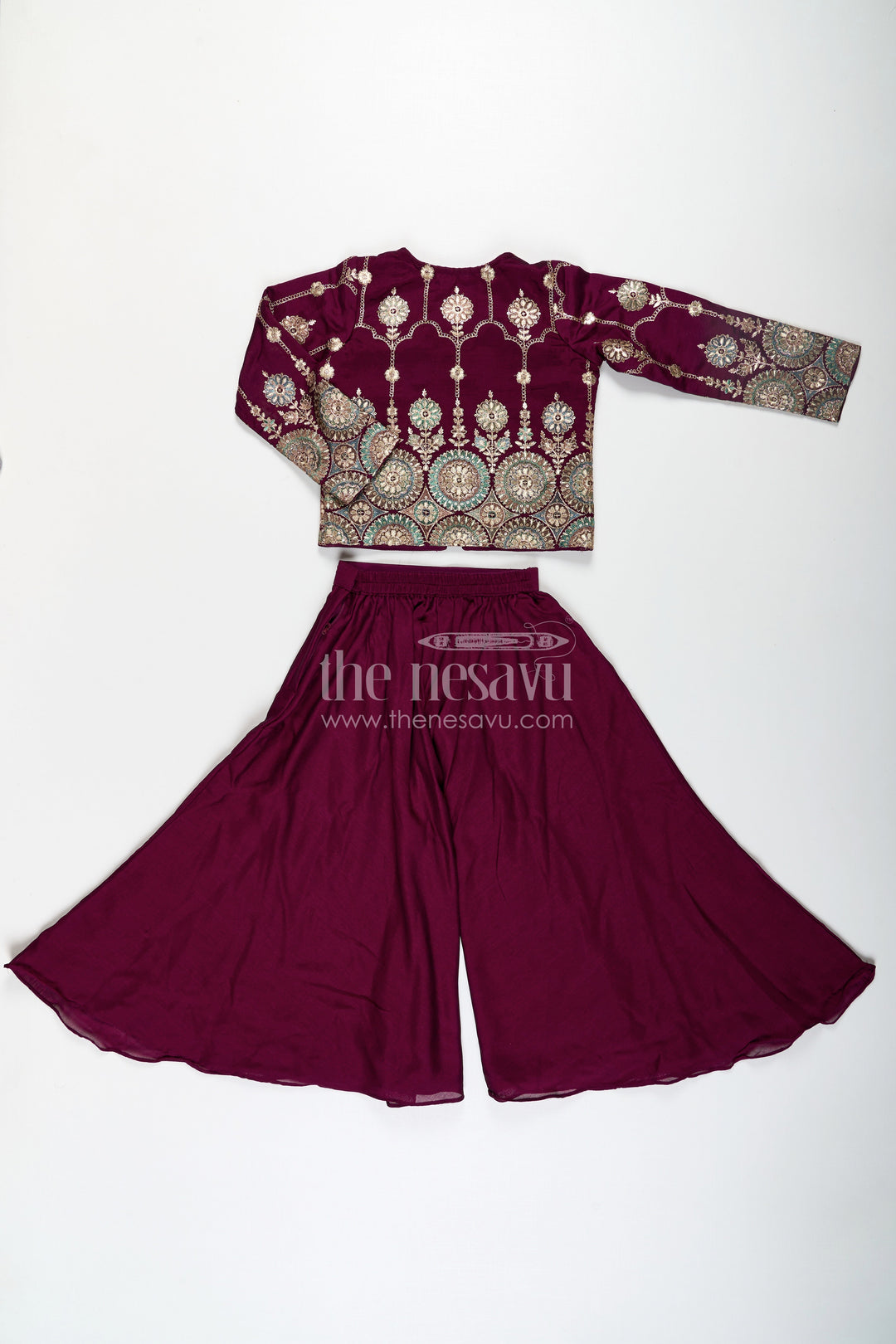 The Nesavu Girls Sharara / Plazo Set Girls Dark Purple Sharara Set with Viscose Organza Embroidered Top and Plazo Bottoms Nesavu Girls Dark Purple Sharara Set Embroidered Organza Top Flowy Plazo Pants | The Nesavu