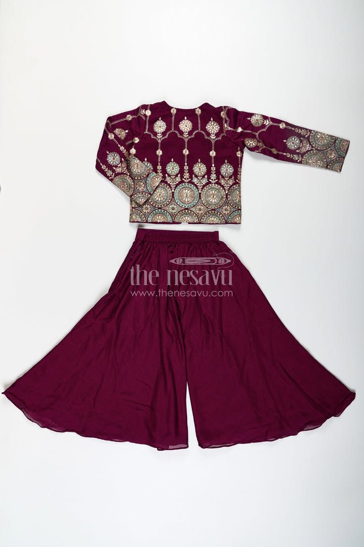 The Nesavu Girls Sharara / Plazo Set Girls Dark Purple Sharara Set with Viscose Organza Embroidered Top and Plazo Bottoms Nesavu Girls Dark Purple Sharara Set Embroidered Organza Top Flowy Plazo Pants | The Nesavu