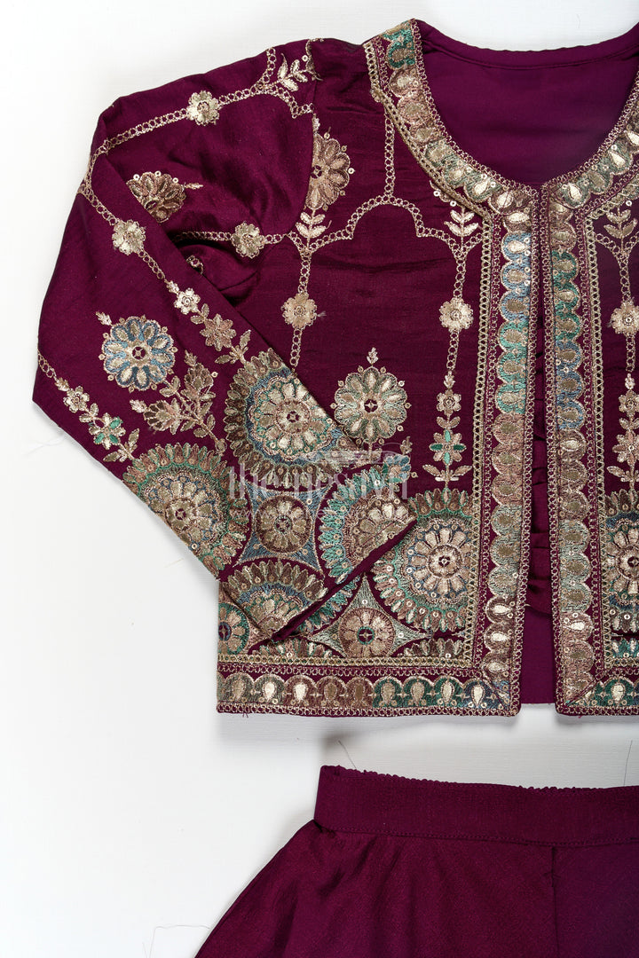 The Nesavu Girls Sharara / Plazo Set Girls Dark Purple Sharara Set with Viscose Organza Embroidered Top and Plazo Bottoms Nesavu Girls Dark Purple Sharara Set Embroidered Organza Top Flowy Plazo Pants | The Nesavu