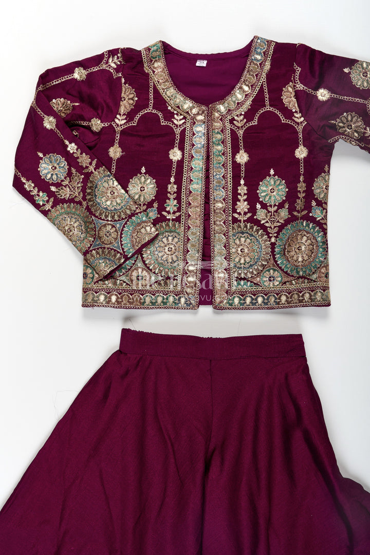 The Nesavu Girls Sharara / Plazo Set Girls Dark Purple Sharara Set with Viscose Organza Embroidered Top and Plazo Bottoms Nesavu Girls Dark Purple Sharara Set Embroidered Organza Top Flowy Plazo Pants | The Nesavu
