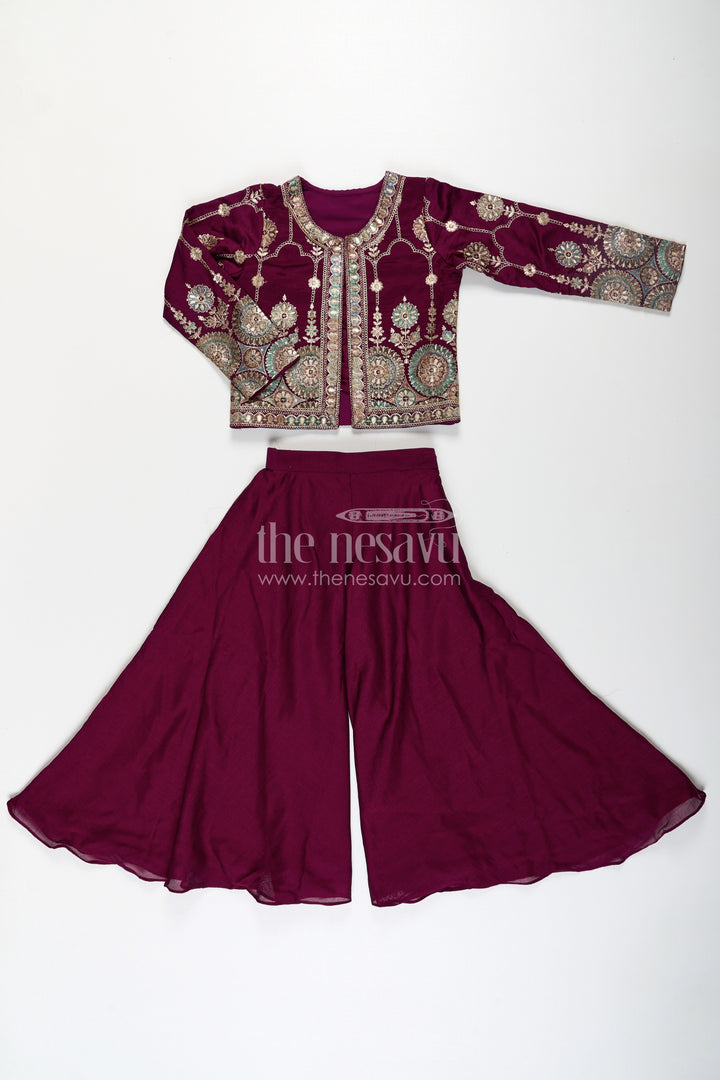 The Nesavu Girls Sharara / Plazo Set Girls Dark Purple Sharara Set with Viscose Organza Embroidered Top and Plazo Bottoms Nesavu Girls Dark Purple Sharara Set Embroidered Organza Top Flowy Plazo Pants | The Nesavu