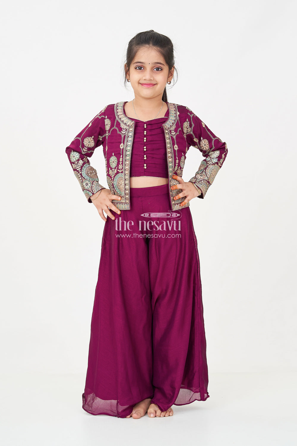 The Nesavu Girls Sharara / Plazo Set Girls Dark Purple Sharara Set with Viscose Organza Embroidered Top and Plazo Bottoms Nesavu Nesavu Girls Dark Purple Sharara Set Embroidered Organza Top Flowy Plazo Pants