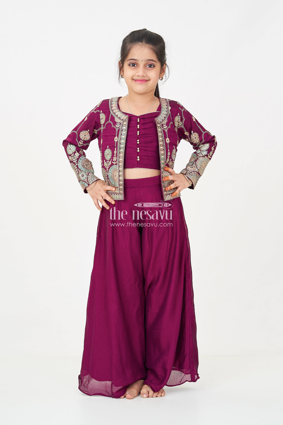 The Nesavu Girls Sharara / Plazo Set Girls Dark Purple Sharara Set with Viscose Organza Embroidered Top and Plazo Bottoms Nesavu Nesavu Girls Dark Purple Sharara Set Embroidered Organza Top Flowy Plazo Pants
