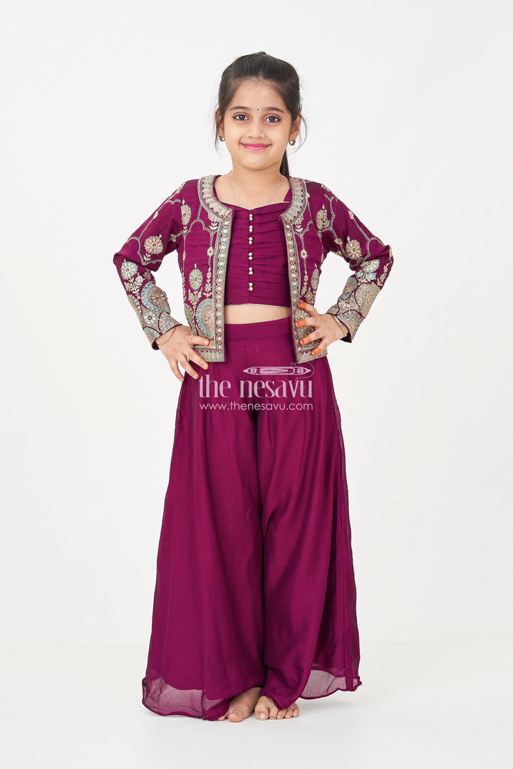 The Nesavu Girls Sharara / Plazo Set Girls Dark Purple Sharara Set with Viscose Organza Embroidered Top and Plazo Bottoms Nesavu Nesavu Girls Dark Purple Sharara Set Embroidered Organza Top Flowy Plazo Pants