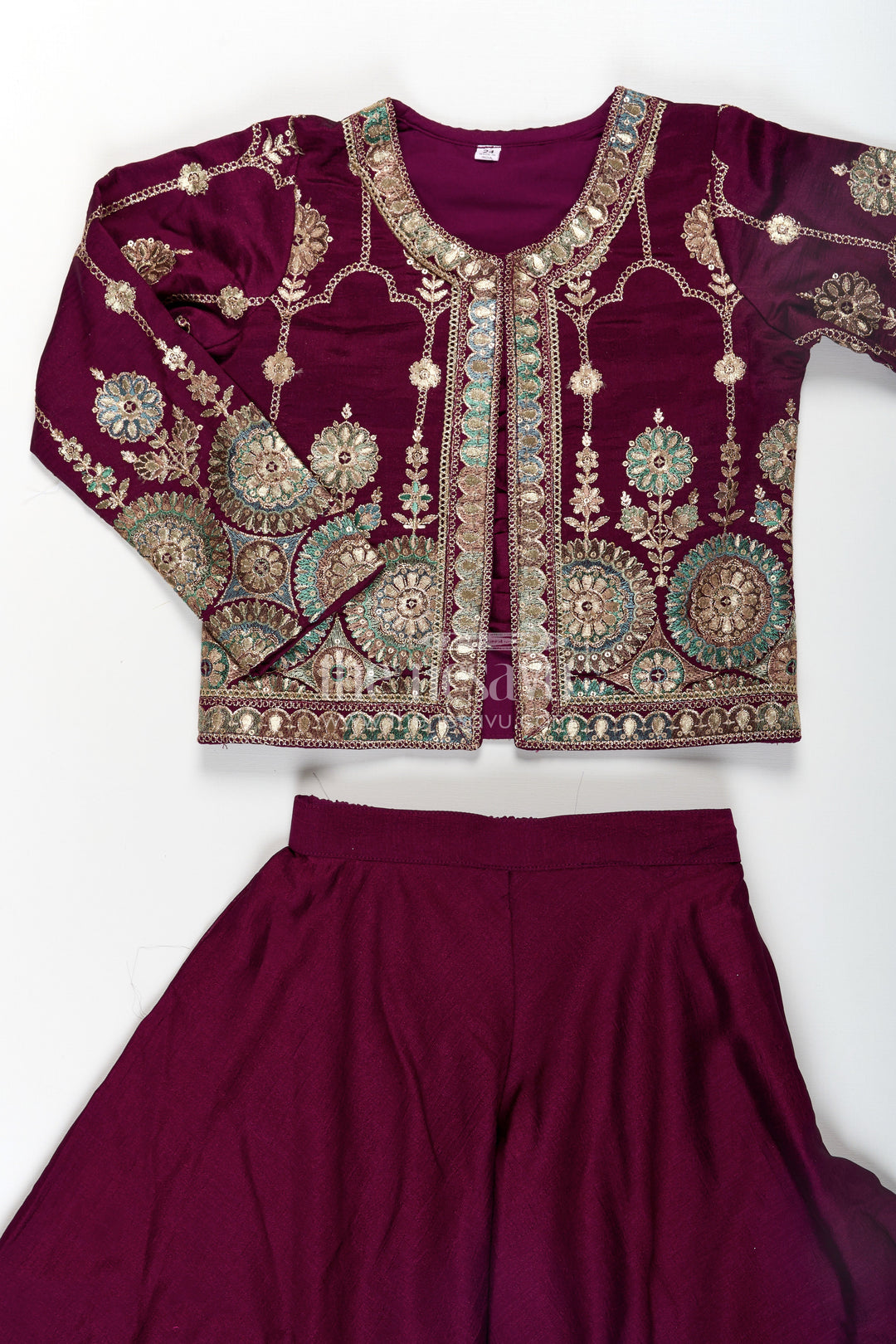 The Nesavu Girls Sharara / Plazo Set Girls Dark Purple Sharara Set with Viscose Organza Embroidered Top and Plazo Bottoms Nesavu Nesavu Girls Dark Purple Sharara Set Embroidered Organza Top Flowy Plazo Pants