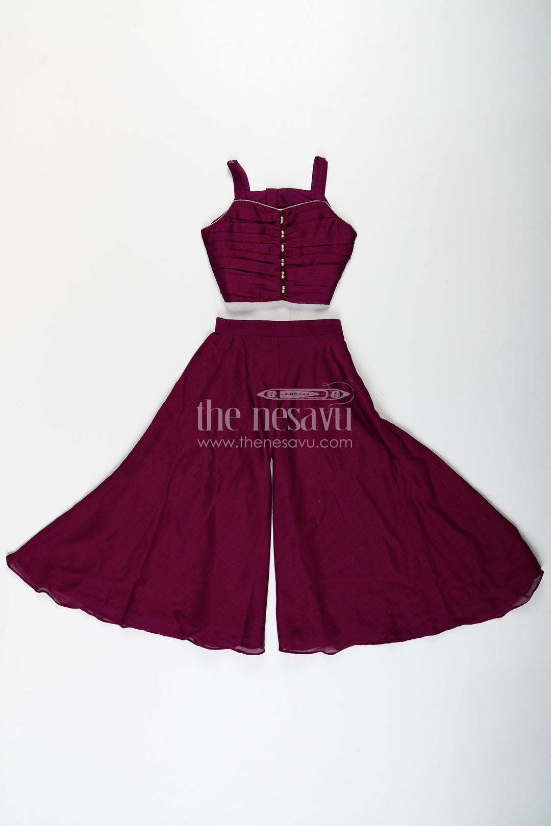 The Nesavu Girls Sharara / Plazo Set Girls Dark Purple Sharara Set with Viscose Organza Embroidered Top and Plazo Bottoms Nesavu Nesavu Girls Dark Purple Sharara Set Embroidered Organza Top Flowy Plazo Pants