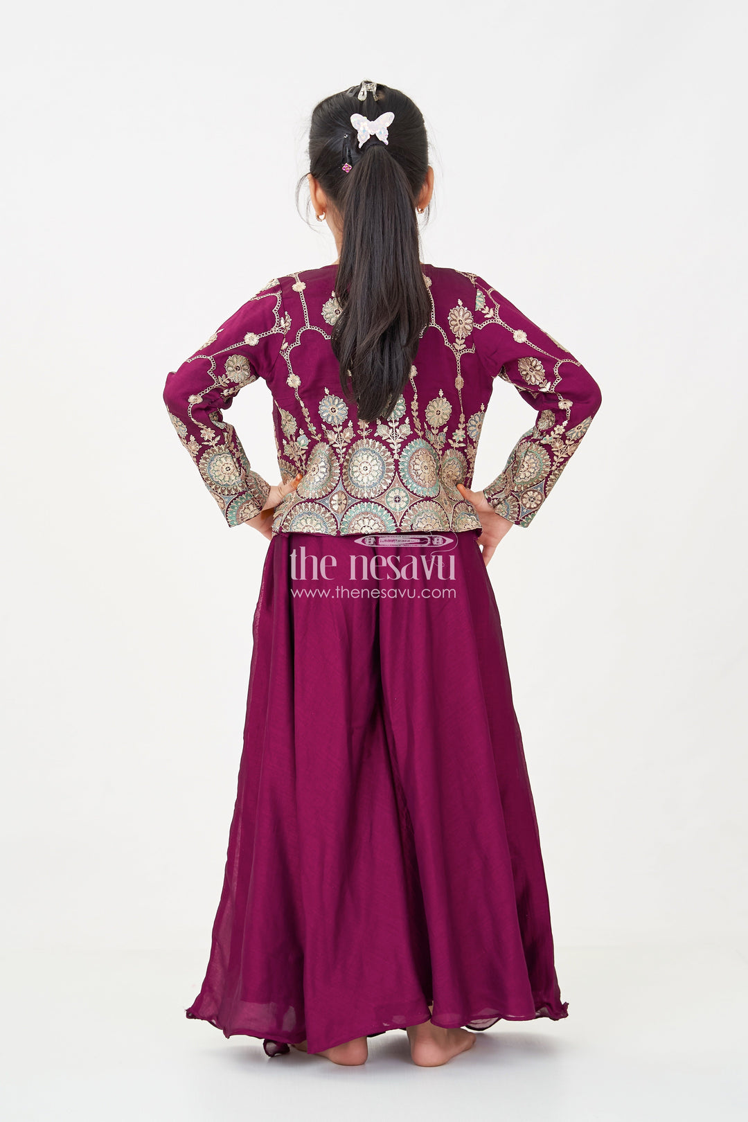 The Nesavu Girls Sharara / Plazo Set Girls Dark Purple Sharara Set with Viscose Organza Embroidered Top and Plazo Bottoms Nesavu Nesavu Girls Dark Purple Sharara Set Embroidered Organza Top Flowy Plazo Pants