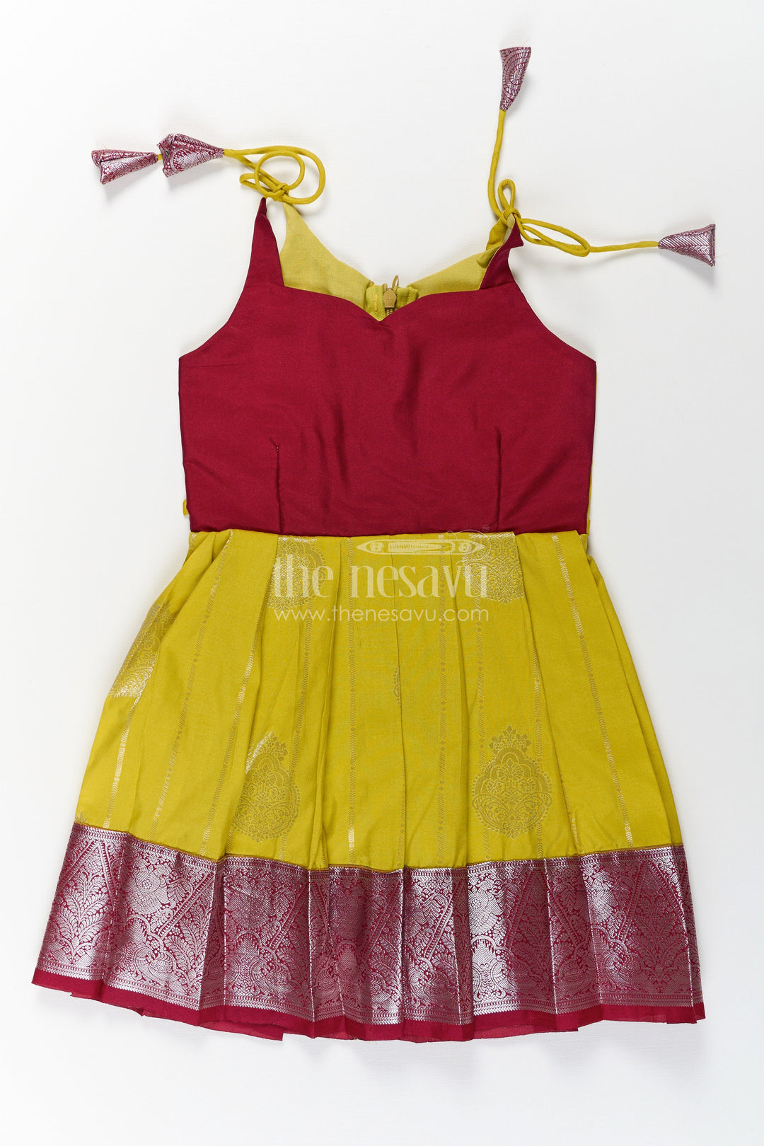 The Nesavu Tie-up Frock Girls Designed Frock in Art Kanchivaram Silk with Maroon Zari Weave and Yellow Pleated Contrast Tie-Up Bodice Nesavu 16 (1Y) / Maroon / Style 3 SF859BC-16 Nesavu Girls Designed Frock in Art Kanchivaram Silk with Yellow Contrast and Maroon Zari Tie-Up Detail