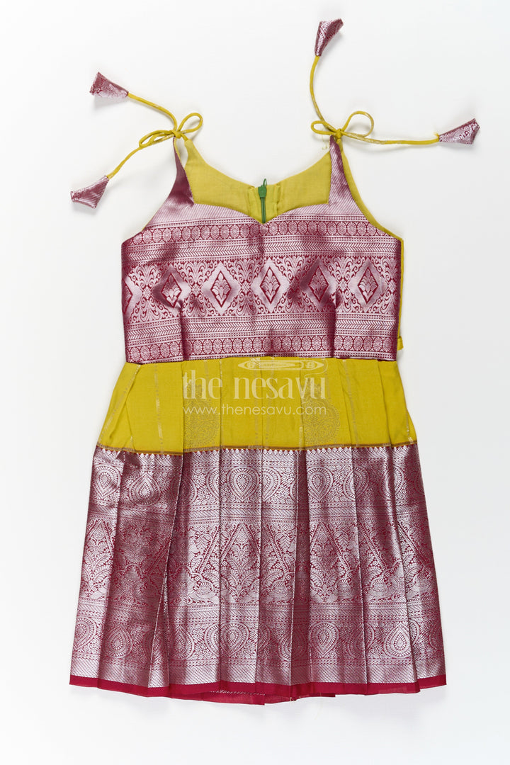 The Nesavu Tie-up Frock Girls Designed Frock in Art Kanchivaram Silk with Maroon Zari Weave and Yellow Pleated Contrast Tie-Up Bodice Nesavu 20 (3Y) / Maroon / Style 1 SF859BA-20 Girls Designed Frock in Art Kanchivaram Silk with Yellow Contrast and Maroon Zari Tie-Up Detail | The Nesavu