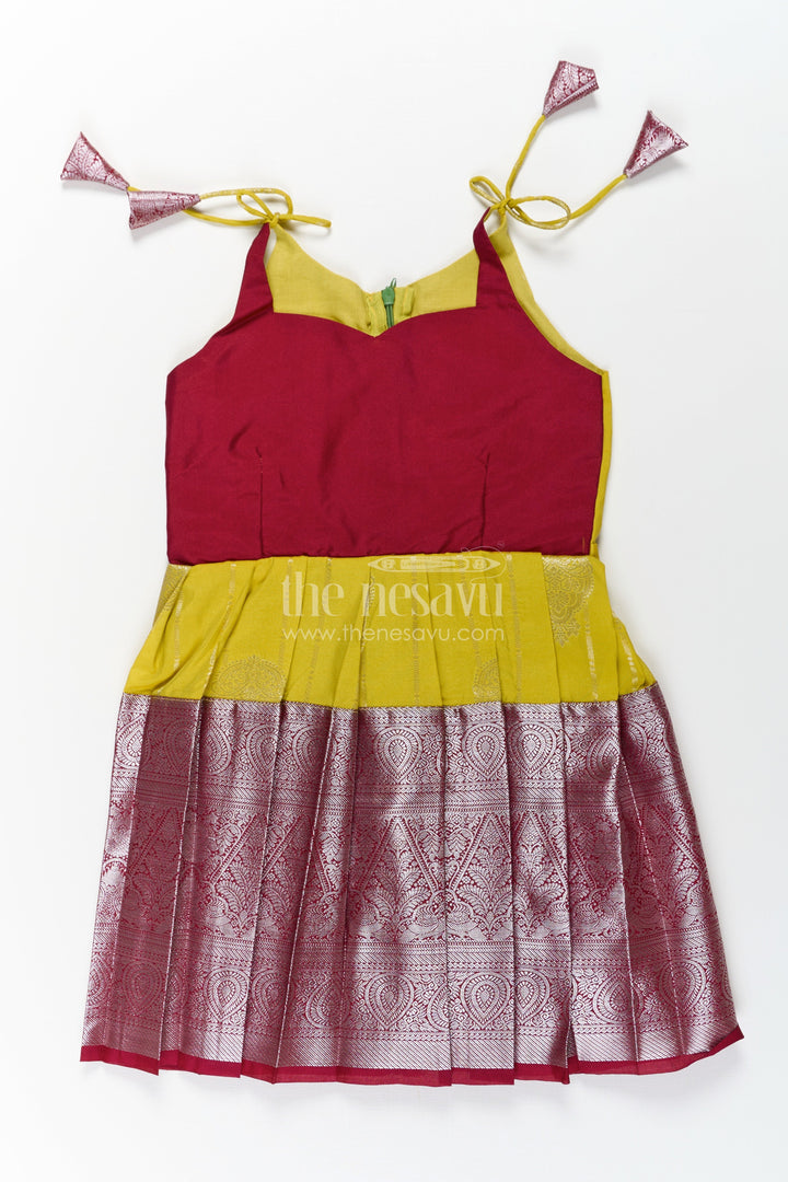 The Nesavu Tie-up Frock Girls Designed Frock in Art Kanchivaram Silk with Maroon Zari Weave and Yellow Pleated Contrast Tie-Up Bodice Nesavu 20 (3Y) / Maroon / Style 2 SF859BB-20 Nesavu Girls Designed Frock in Art Kanchivaram Silk with Yellow Contrast and Maroon Zari Tie-Up Detail