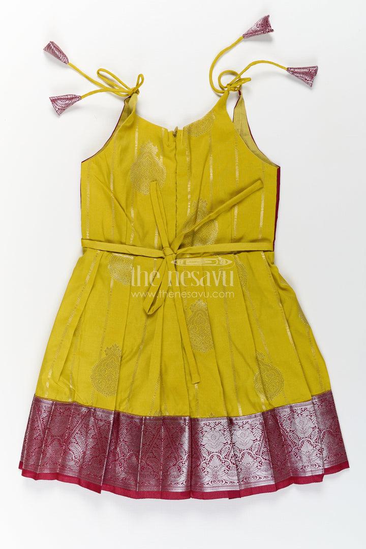 The Nesavu Tie-up Frock Girls Designed Frock in Art Kanchivaram Silk with Maroon Zari Weave and Yellow Pleated Contrast Tie-Up Bodice Nesavu Girls Designed Frock in Art Kanchivaram Silk with Yellow Contrast and Maroon Zari Tie-Up Detail | The Nesavu