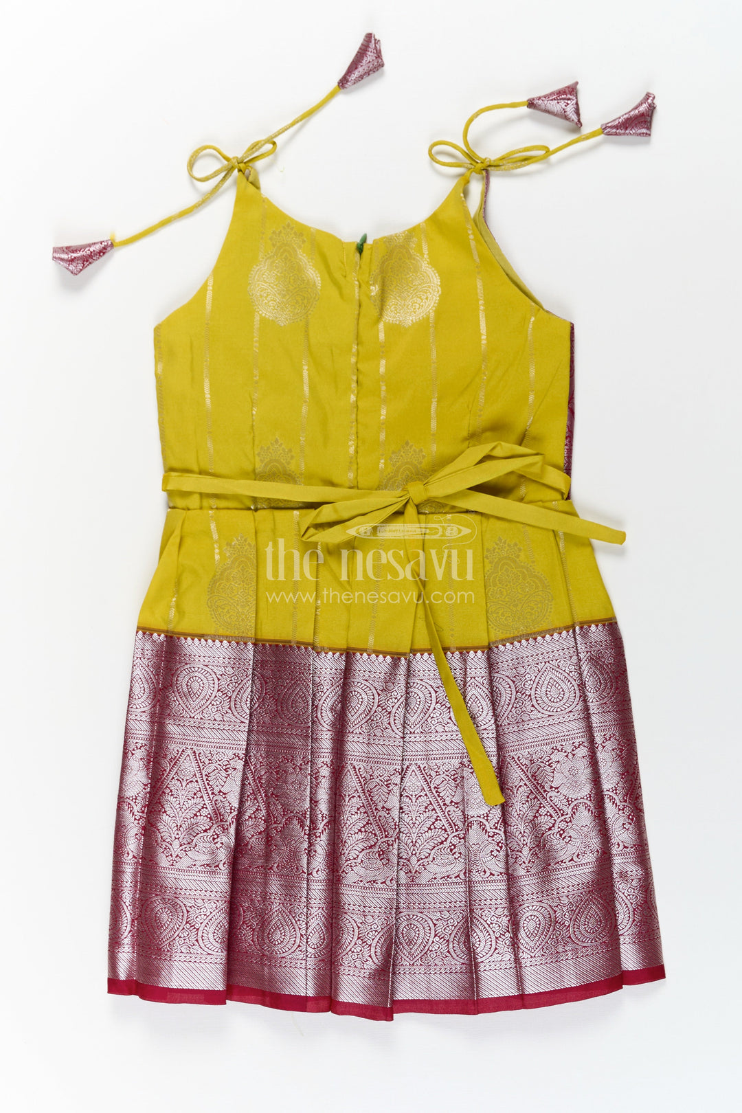 The Nesavu Tie-up Frock Girls Designed Frock in Art Kanchivaram Silk with Maroon Zari Weave and Yellow Pleated Contrast Tie-Up Bodice Nesavu Girls Designed Frock in Art Kanchivaram Silk with Yellow Contrast and Maroon Zari Tie-Up Detail | The Nesavu