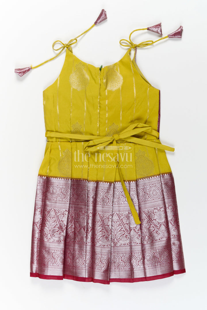 The Nesavu Tie-up Frock Girls Designed Frock in Art Kanchivaram Silk with Maroon Zari Weave and Yellow Pleated Contrast Tie-Up Bodice Nesavu Girls Designed Frock in Art Kanchivaram Silk with Yellow Contrast and Maroon Zari Tie-Up Detail | The Nesavu