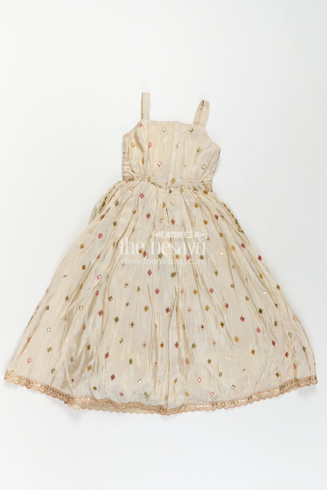 The Nesavu Girls Silk Gown Girls Designer Anarkali in Ivory Shimmer Silk with Embroidered Jacket and Pleated Skirt Finish Nesavu Ivory Designer Anarkali Gown Girls Shimmer Silk Embroidered Jacket Flared Skirt | The Nesavu