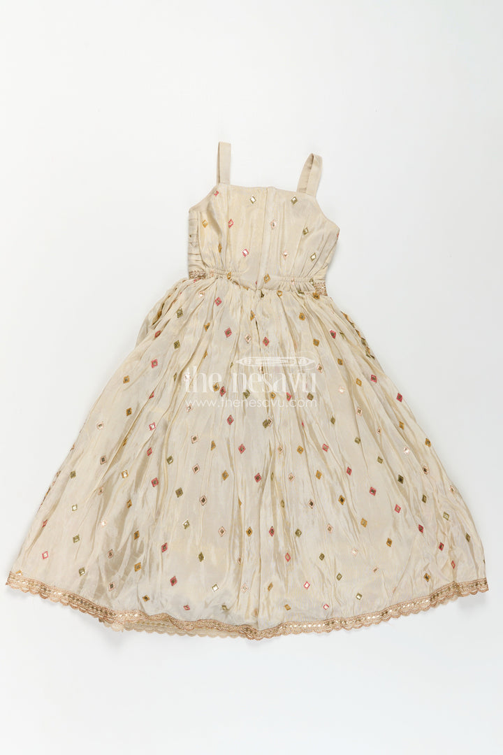 The Nesavu Girls Silk Gown Girls Designer Anarkali in Ivory Shimmer Silk with Embroidered Jacket and Pleated Skirt Finish Nesavu Ivory Designer Anarkali Gown Girls Shimmer Silk Embroidered Jacket Flared Skirt | The Nesavu