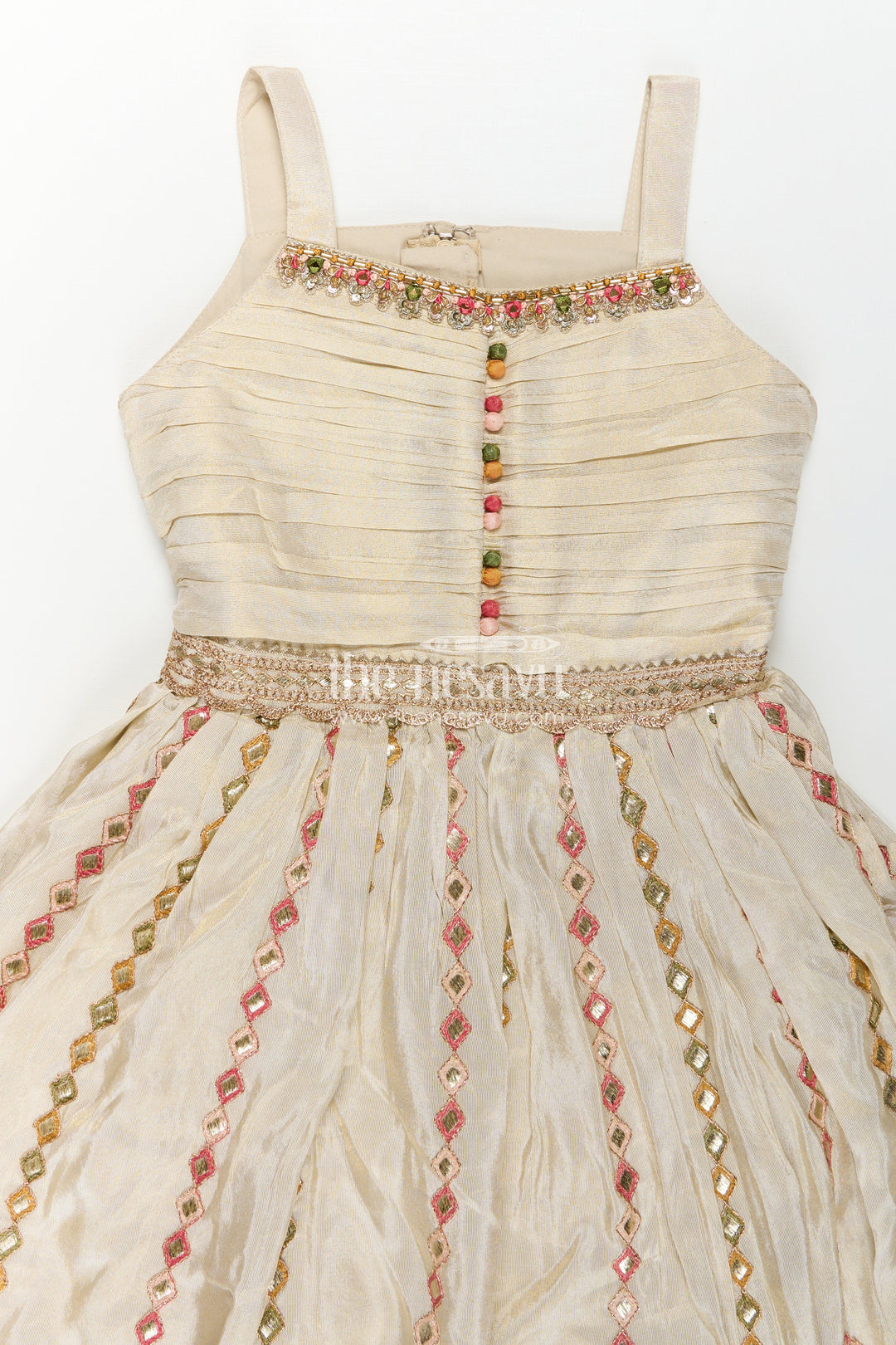 The Nesavu Girls Silk Gown Girls Designer Anarkali in Ivory Shimmer Silk with Embroidered Jacket and Pleated Skirt Finish Nesavu Ivory Designer Anarkali Gown Girls Shimmer Silk Embroidered Jacket Flared Skirt | The Nesavu