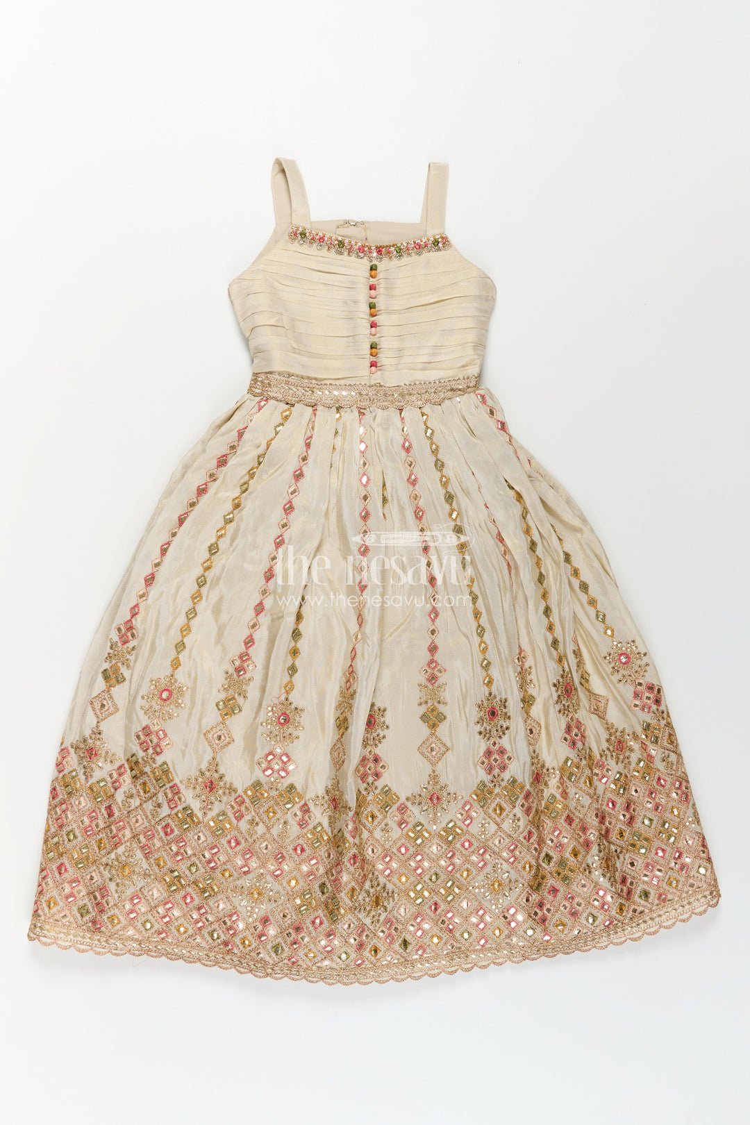 The Nesavu Girls Silk Gown Girls Designer Anarkali in Ivory Shimmer Silk with Embroidered Jacket and Pleated Skirt Finish Nesavu Ivory Designer Anarkali Gown Girls Shimmer Silk Embroidered Jacket Flared Skirt | The Nesavu