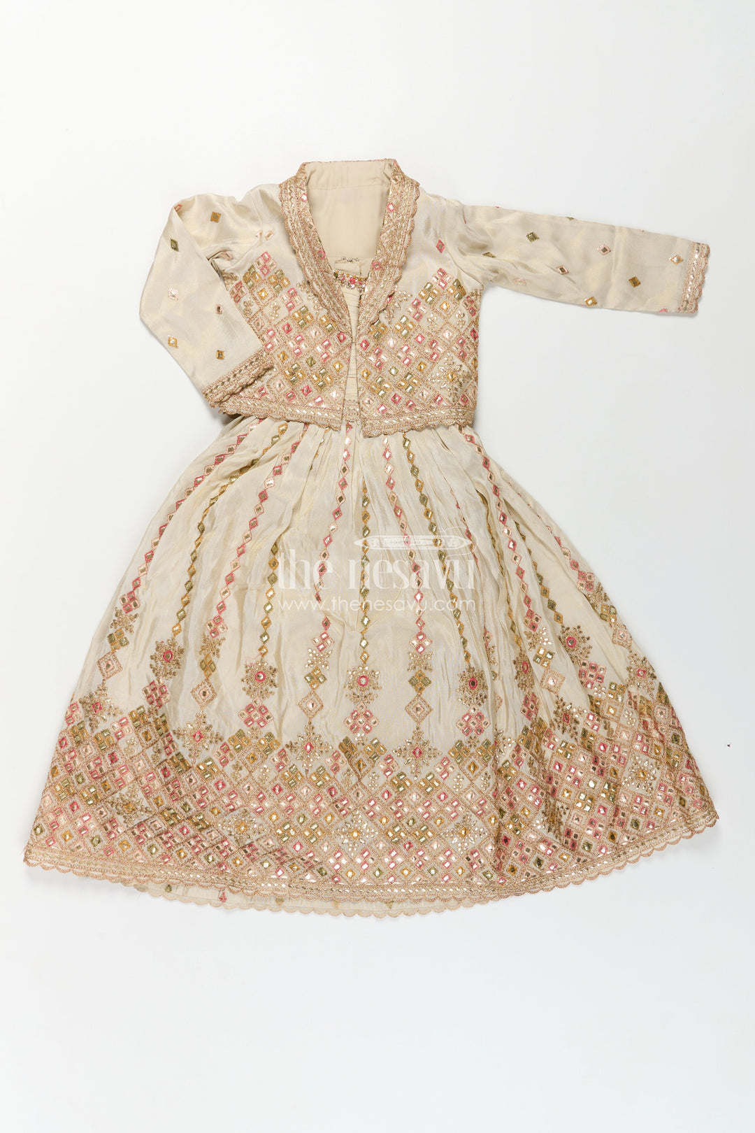 The Nesavu Girls Silk Gown Girls Designer Anarkali in Ivory Shimmer Silk with Embroidered Jacket and Pleated Skirt Finish Nesavu Ivory Designer Anarkali Gown Girls Shimmer Silk Embroidered Jacket Flared Skirt | The Nesavu