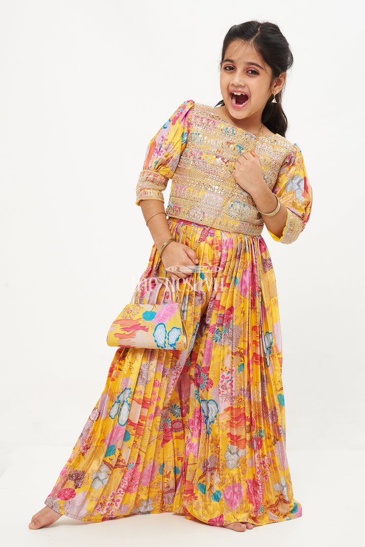 The Nesavu Girls Sharara / Plazo Set Girls' Designer Chinon Silk Floral Printed Sharara Set with Heavy Embroidered Blouse Nesavu 24 (5Y) / multicolor GPS326C-24 Girls' Floral Printed Chinon Silk Sharara Set with Embroidered Blouse - Mustard Yellow