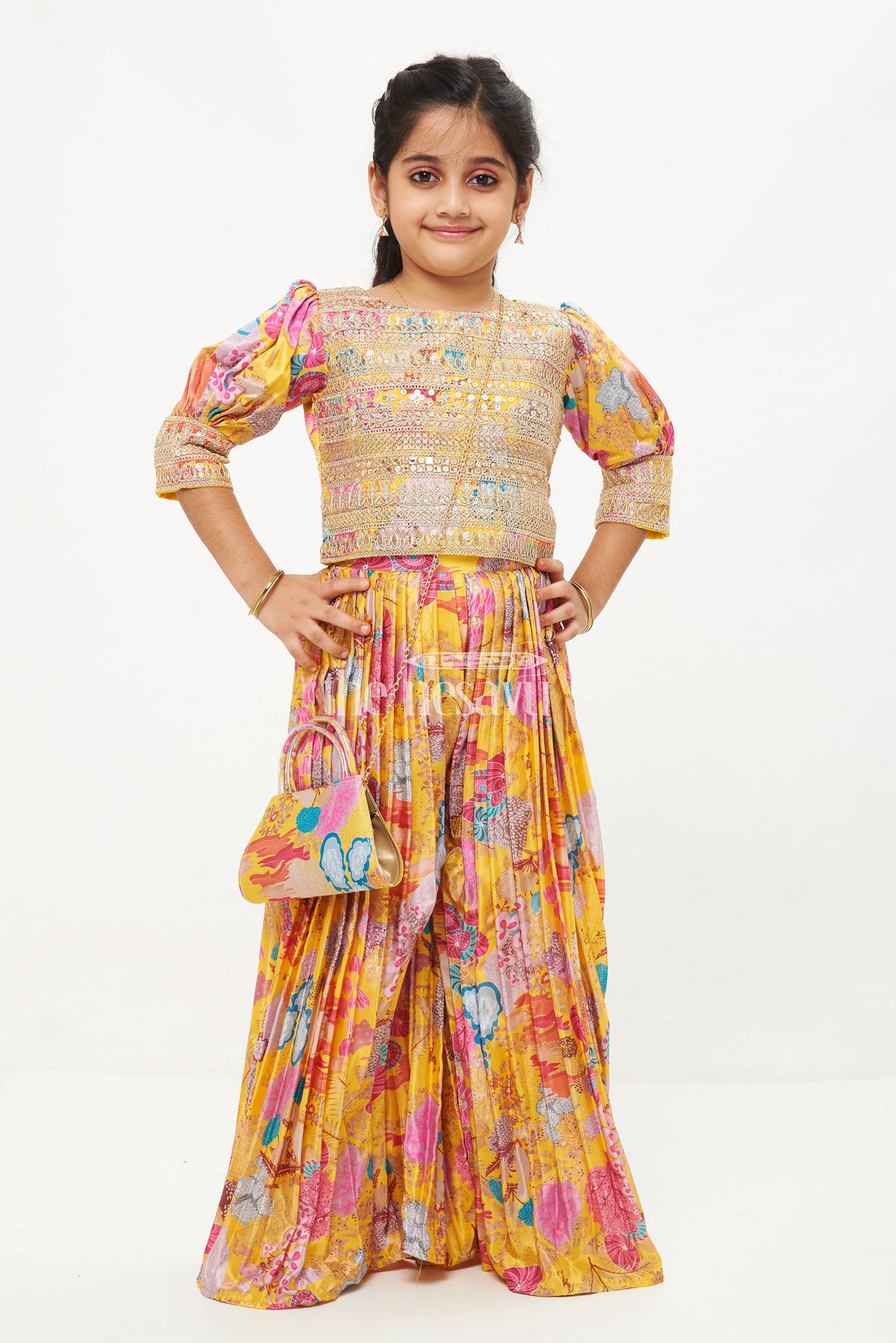 The Nesavu Girls Sharara / Plazo Set Girls' Designer Chinon Silk Floral Printed Sharara Set with Heavy Embroidered Blouse Nesavu Girls' Floral Printed Chinon Silk Sharara Set with Embroidered Blouse - Mustard Yellow