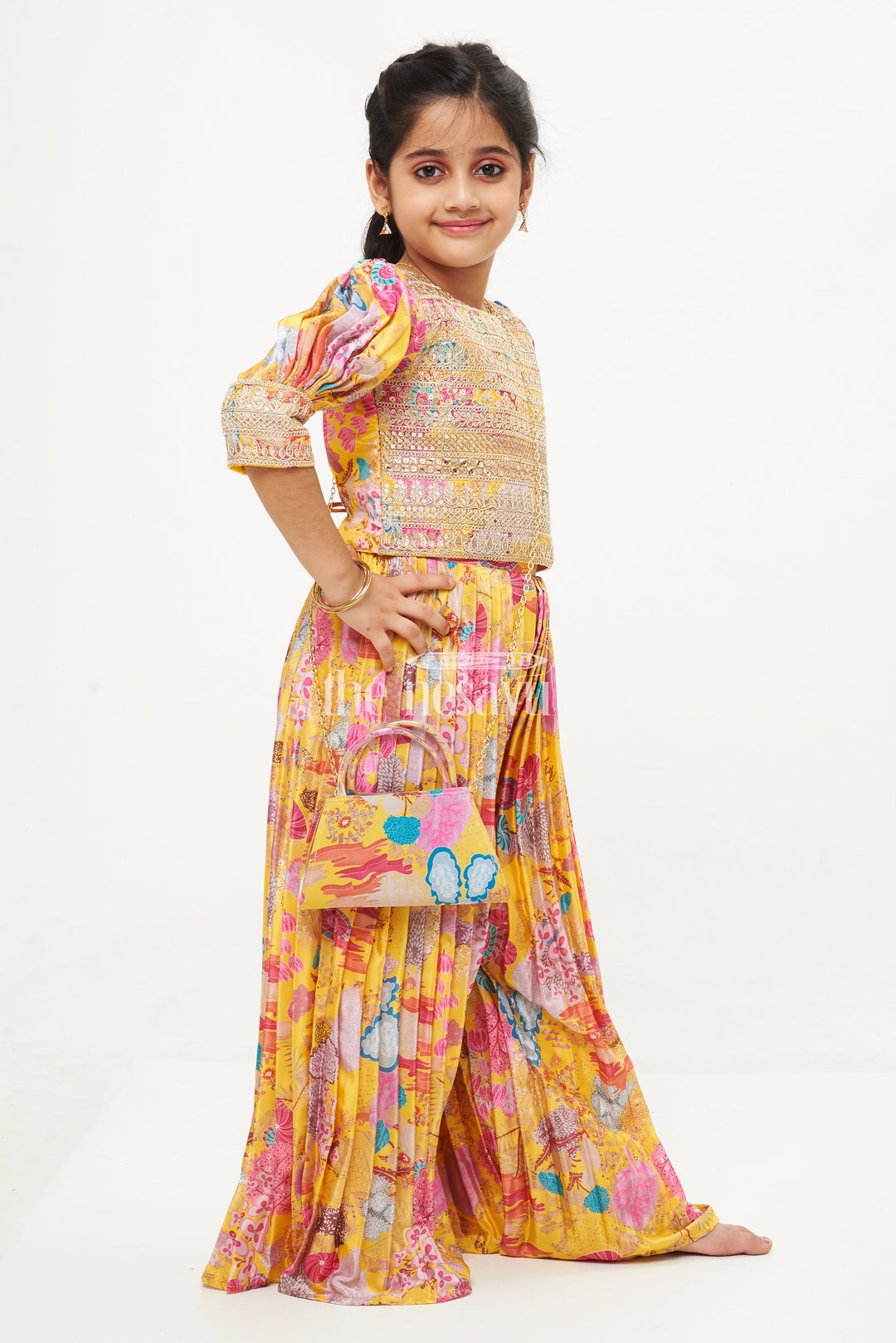 The Nesavu Girls Sharara / Plazo Set Girls' Designer Chinon Silk Floral Printed Sharara Set with Heavy Embroidered Blouse Nesavu Girls' Floral Printed Chinon Silk Sharara Set with Embroidered Blouse - Mustard Yellow