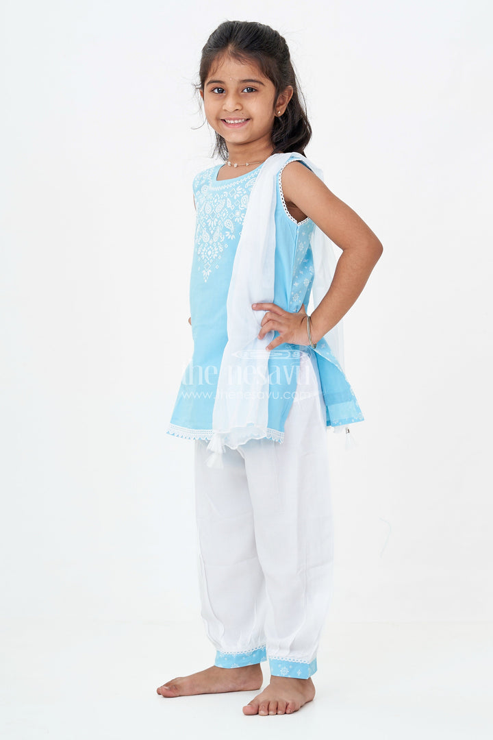 The Nesavu Girls Churidar Sets Girls Designer Chudi Set in Blue and White with Stone Embellished Yoke and Embroidered Hem Nesavu 16 (1Y) / Blue GPS613A-16 Girls Designer Chudi Set Cotton Embellished Kurti Dhoti Pants | The Nesavu