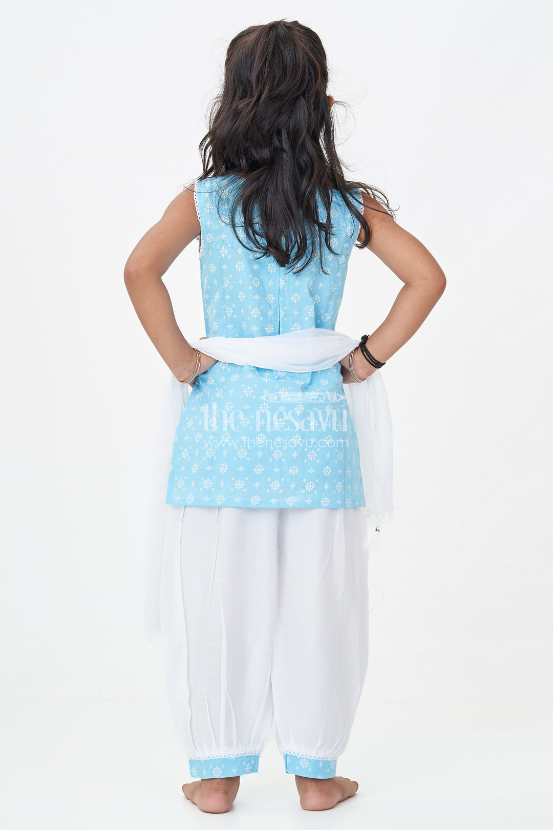 The Nesavu Girls Churidar Sets Girls Designer Chudi Set in Blue and White with Stone Embellished Yoke and Embroidered Hem Nesavu Girls Designer Chudi Set Cotton Embellished Kurti Dhoti Pants | The Nesavu