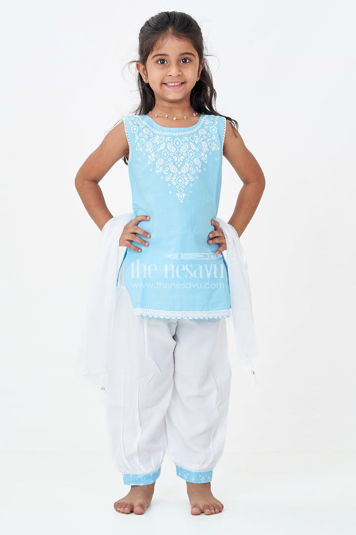 The Nesavu Girls Churidar Sets Girls Designer Chudi Set in Blue and White with Stone Embellished Yoke and Embroidered Hem Nesavu Girls Designer Chudi Set Cotton Embellished Kurti Dhoti Pants | The Nesavu