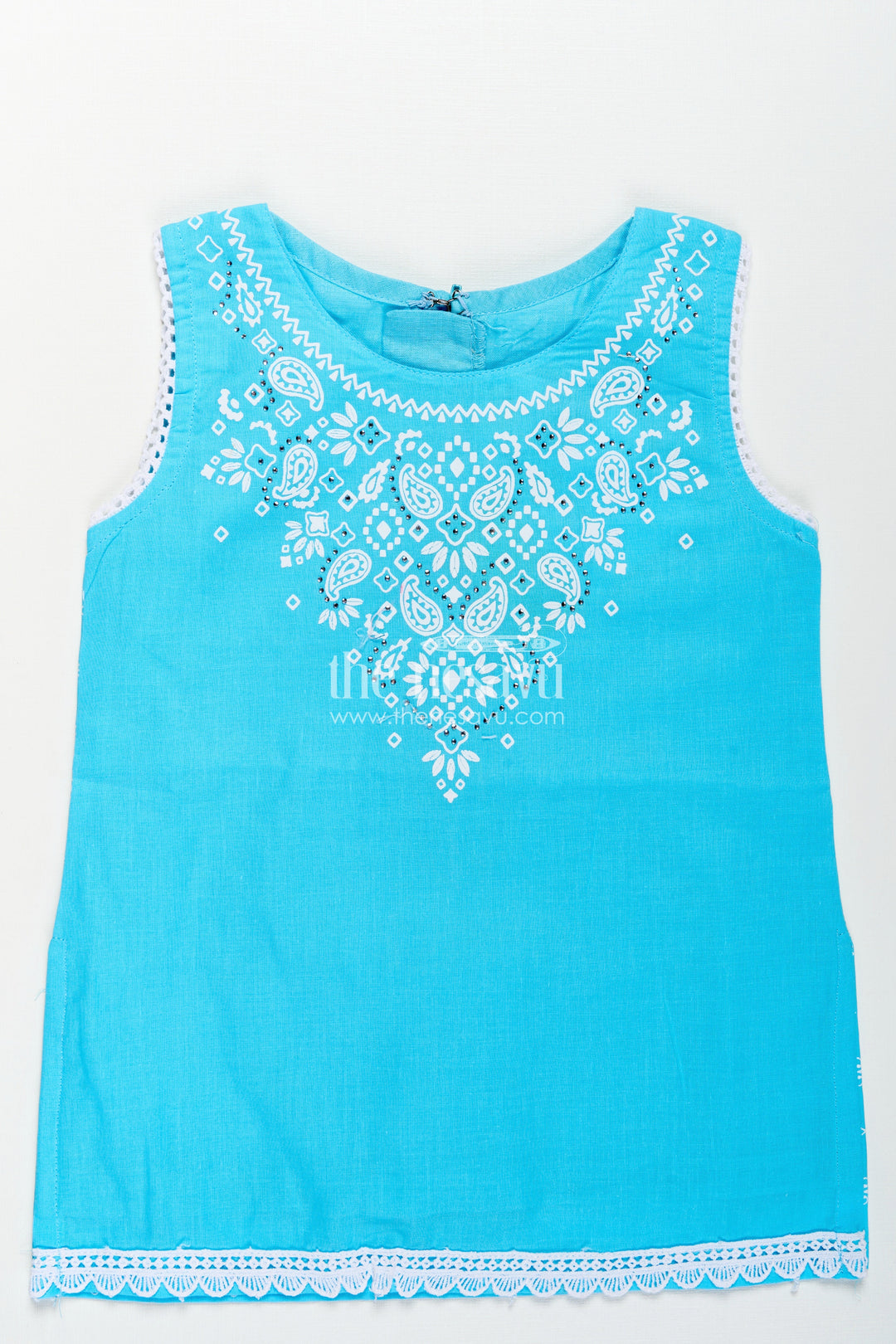 The Nesavu Girls Churidar Sets Girls Designer Chudi Set in Blue and White with Stone Embellished Yoke and Embroidered Hem Nesavu Girls Designer Chudi Set Cotton Embellished Kurti Dhoti Pants | The Nesavu