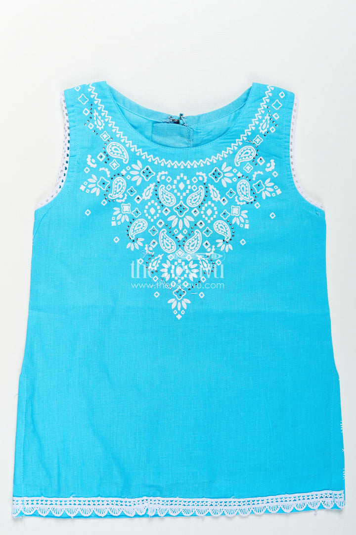 The Nesavu Girls Churidar Sets Girls Designer Chudi Set in Blue and White with Stone Embellished Yoke and Embroidered Hem Nesavu Girls Designer Chudi Set Cotton Embellished Kurti Dhoti Pants | The Nesavu