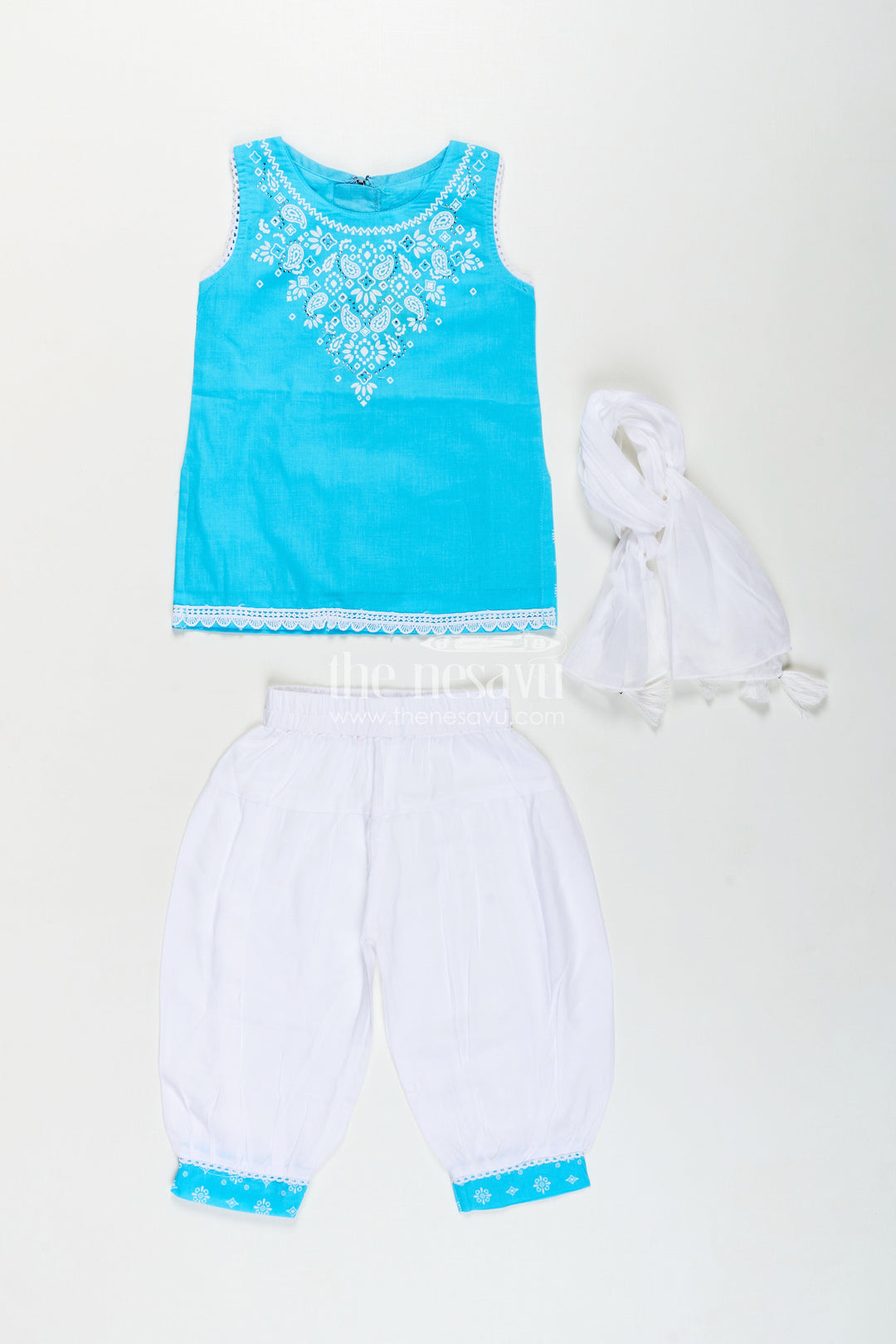 The Nesavu Girls Churidar Sets Girls Designer Chudi Set in Blue and White with Stone Embellished Yoke and Embroidered Hem Nesavu Girls Designer Chudi Set Cotton Embellished Kurti Dhoti Pants | The Nesavu