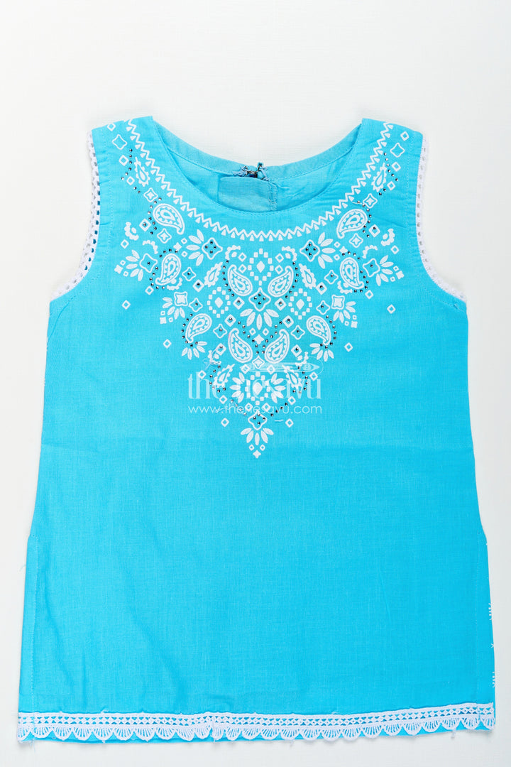 The Nesavu Girls Churidar Sets Girls Designer Chudi Set in Blue and White with Stone Embellished Yoke and Embroidered Hem Nesavu Girls Designer Chudi Set Cotton Embellished Kurti Dhoti Pants | The Nesavu