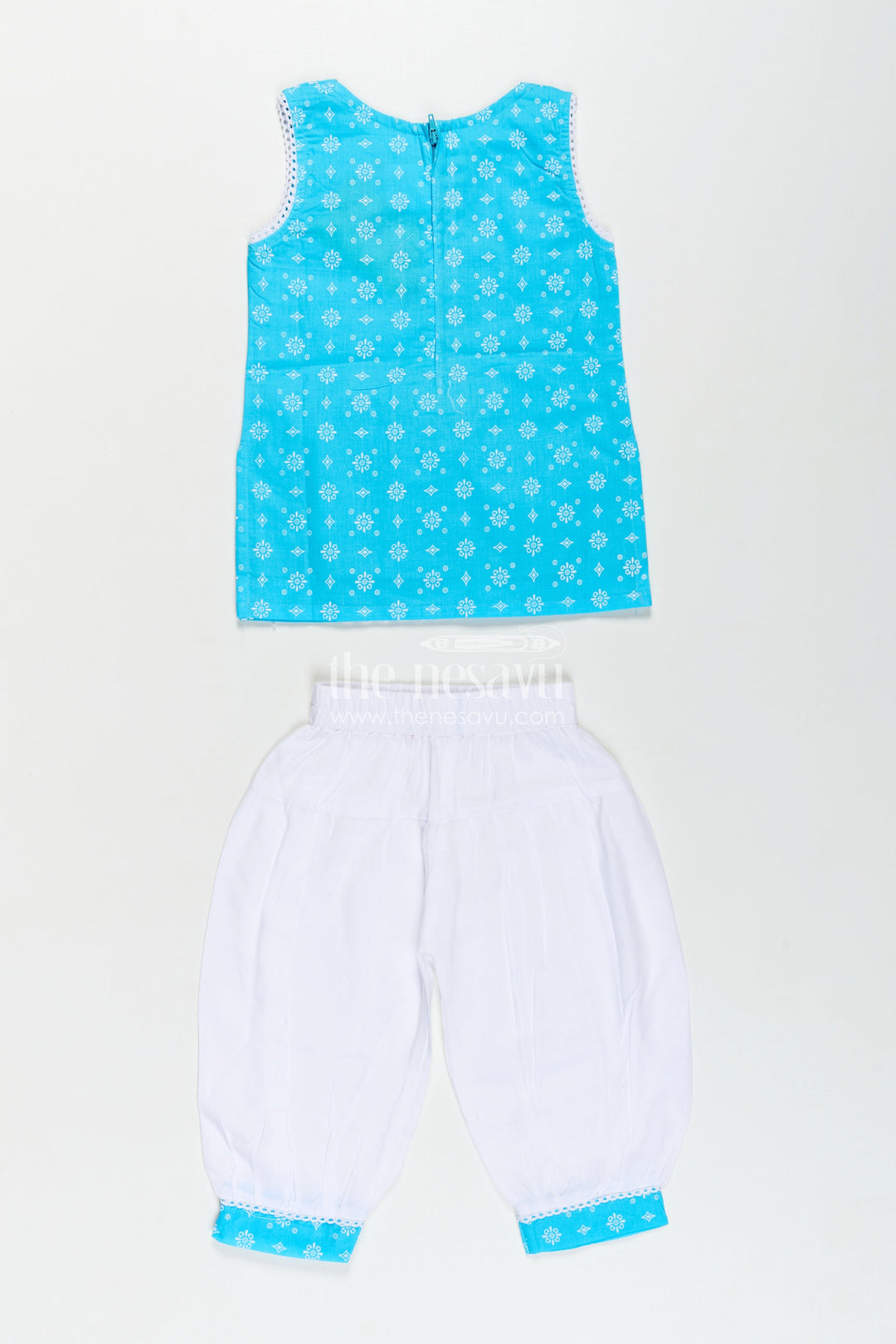 The Nesavu Girls Churidar Sets Girls Designer Chudi Set in Blue and White with Stone Embellished Yoke and Embroidered Hem Nesavu Girls Designer Chudi Set Cotton Embellished Kurti Dhoti Pants | The Nesavu