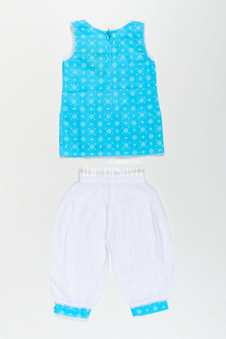 The Nesavu Girls Churidar Sets Girls Designer Chudi Set in Blue and White with Stone Embellished Yoke and Embroidered Hem Nesavu Girls Designer Chudi Set Cotton Embellished Kurti Dhoti Pants | The Nesavu