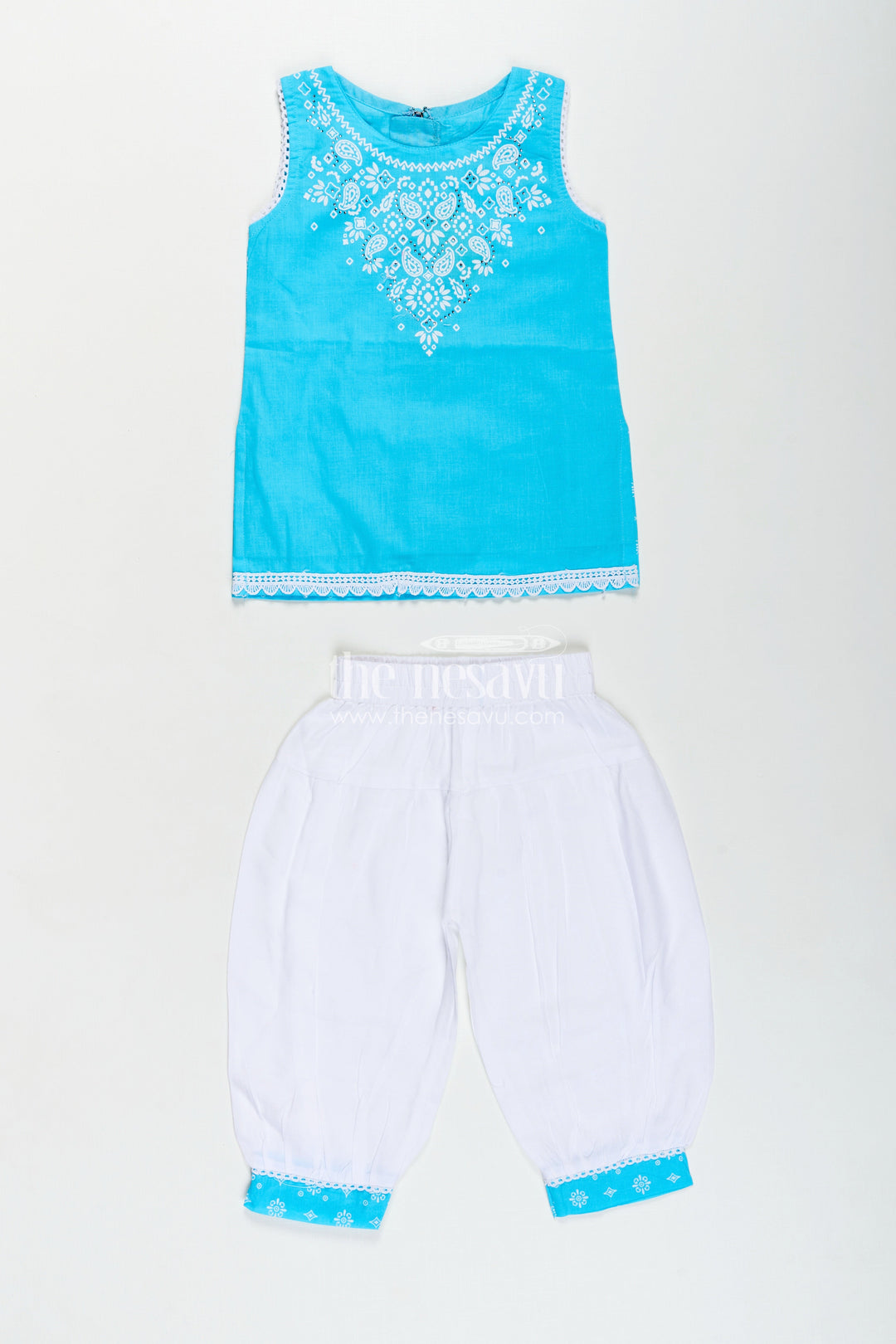 The Nesavu Girls Churidar Sets Girls Designer Chudi Set in Blue and White with Stone Embellished Yoke and Embroidered Hem Nesavu Girls Designer Chudi Set Cotton Embellished Kurti Dhoti Pants | The Nesavu