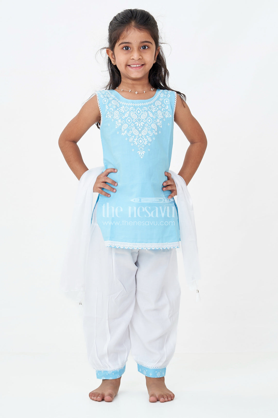 The Nesavu Girls Churidar Sets Girls Designer Chudi Set in Blue and White with Stone Embellished Yoke and Embroidered Hem Nesavu Girls Designer Chudi Set Cotton Embellished Kurti Dhoti Pants | The Nesavu