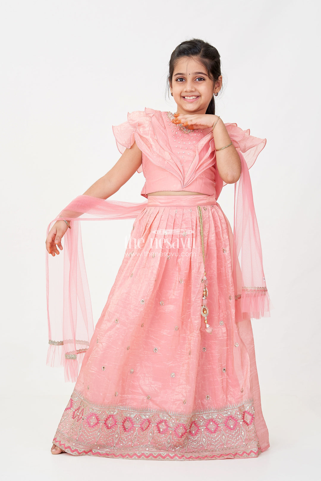 The Nesavu Girls Lehenga Choli Girls Designer Dress for Girl in Coral Pink Organza with Sequin Embroidered Lehenga and Ruffle Blouse Nesavu 16 (1Y) / Pink GL629A-16 Designer Dress for Girl in Coral Organza with Sequin Embroidered Lehenga and Ruffle Choli | The Nesavu
