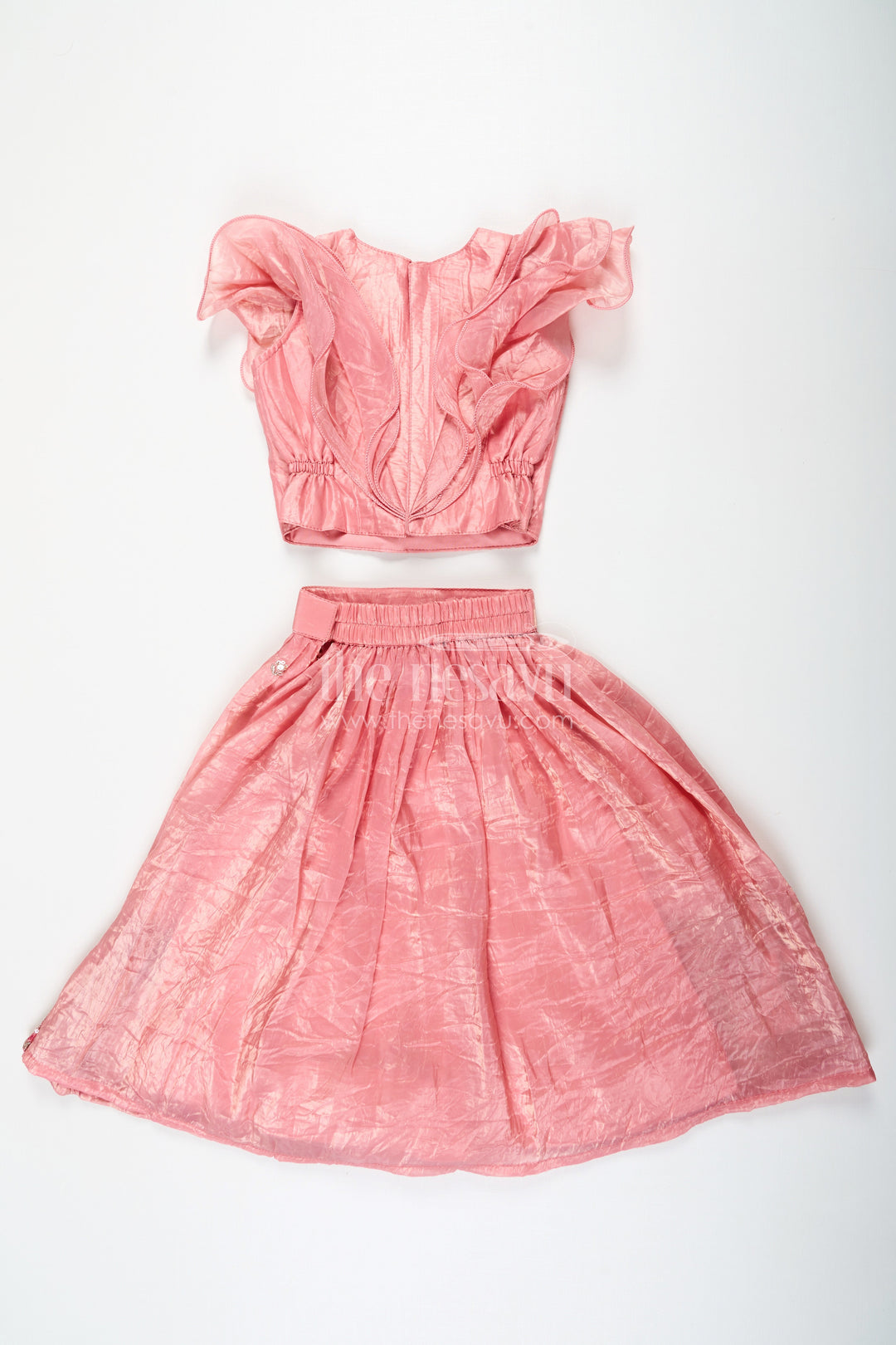 The Nesavu Girls Lehenga Choli Girls Designer Dress for Girl in Coral Pink Organza with Sequin Embroidered Lehenga and Ruffle Blouse Nesavu Designer Dress for Girl in Coral Organza with Sequin Embroidered Lehenga and Ruffle Choli | The Nesavu