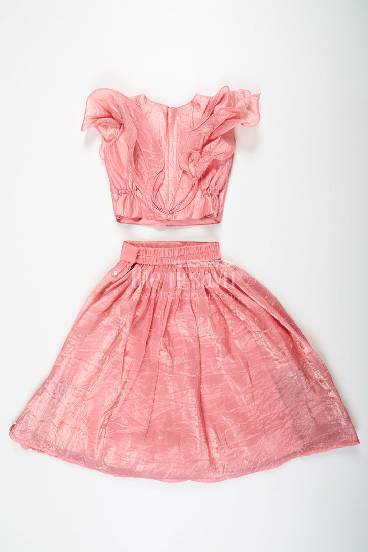 The Nesavu Girls Lehenga Choli Girls Designer Dress for Girl in Coral Pink Organza with Sequin Embroidered Lehenga and Ruffle Blouse Nesavu Designer Dress for Girl in Coral Organza with Sequin Embroidered Lehenga and Ruffle Choli | The Nesavu