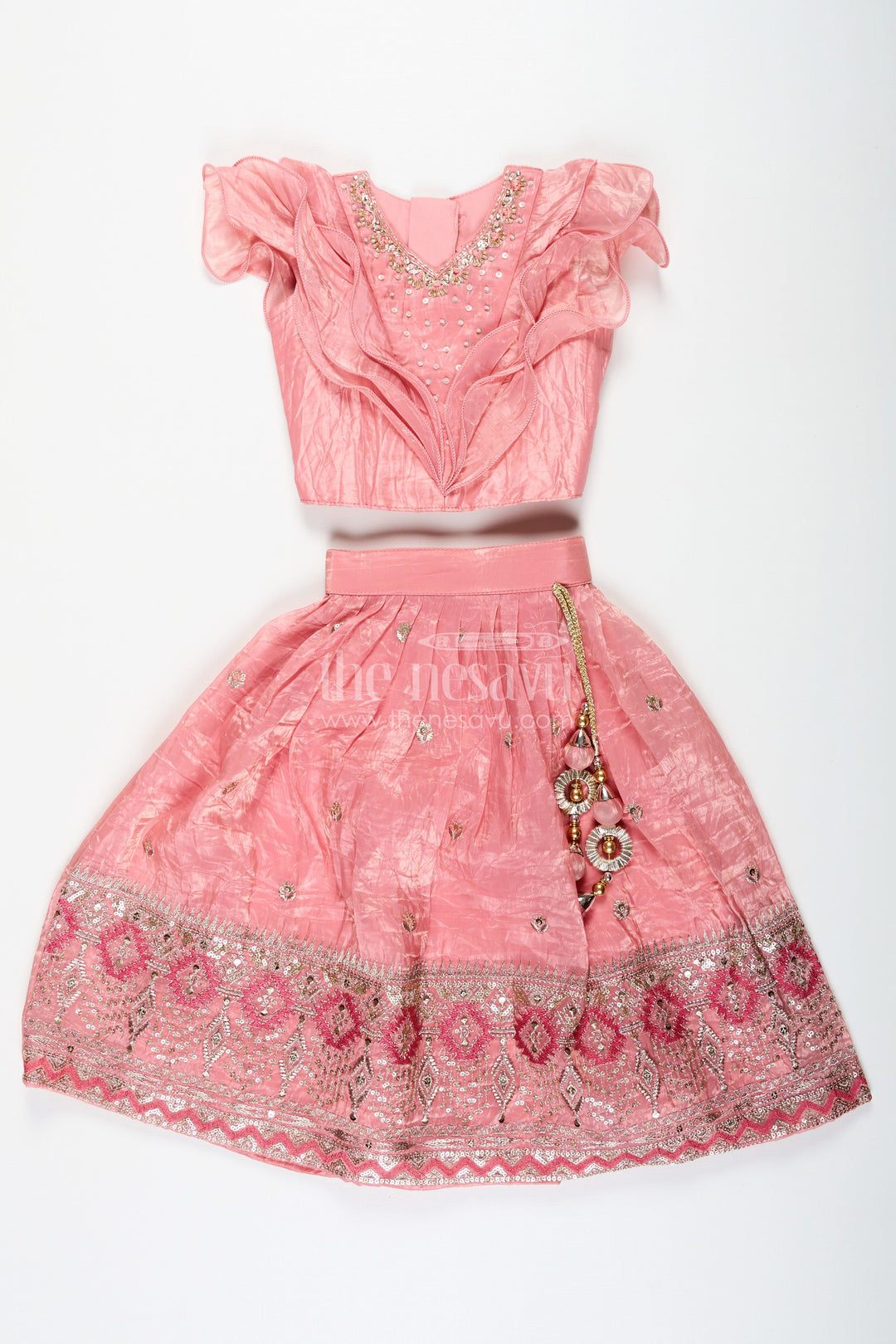 The Nesavu Girls Lehenga Choli Girls Designer Dress for Girl in Coral Pink Organza with Sequin Embroidered Lehenga and Ruffle Blouse Nesavu Designer Dress for Girl in Coral Organza with Sequin Embroidered Lehenga and Ruffle Choli | The Nesavu