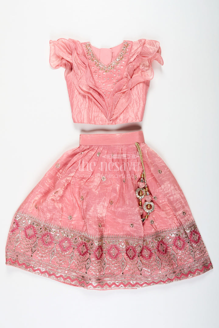 The Nesavu Girls Lehenga Choli Girls Designer Dress for Girl in Coral Pink Organza with Sequin Embroidered Lehenga and Ruffle Blouse Nesavu Designer Dress for Girl in Coral Organza with Sequin Embroidered Lehenga and Ruffle Choli | The Nesavu