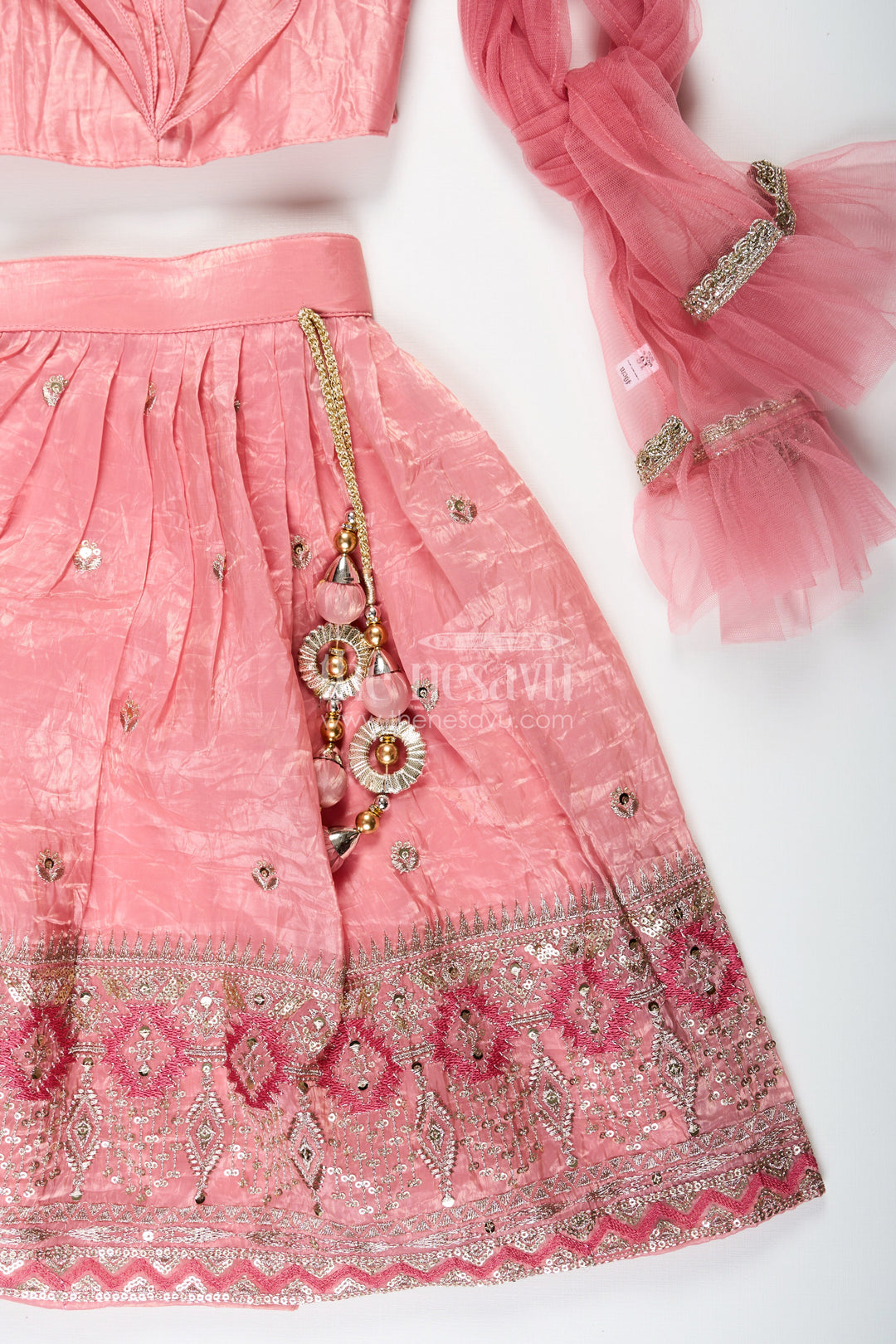 The Nesavu Girls Lehenga Choli Girls Designer Dress for Girl in Coral Pink Organza with Sequin Embroidered Lehenga and Ruffle Blouse Nesavu Designer Dress for Girl in Coral Organza with Sequin Embroidered Lehenga and Ruffle Choli | The Nesavu