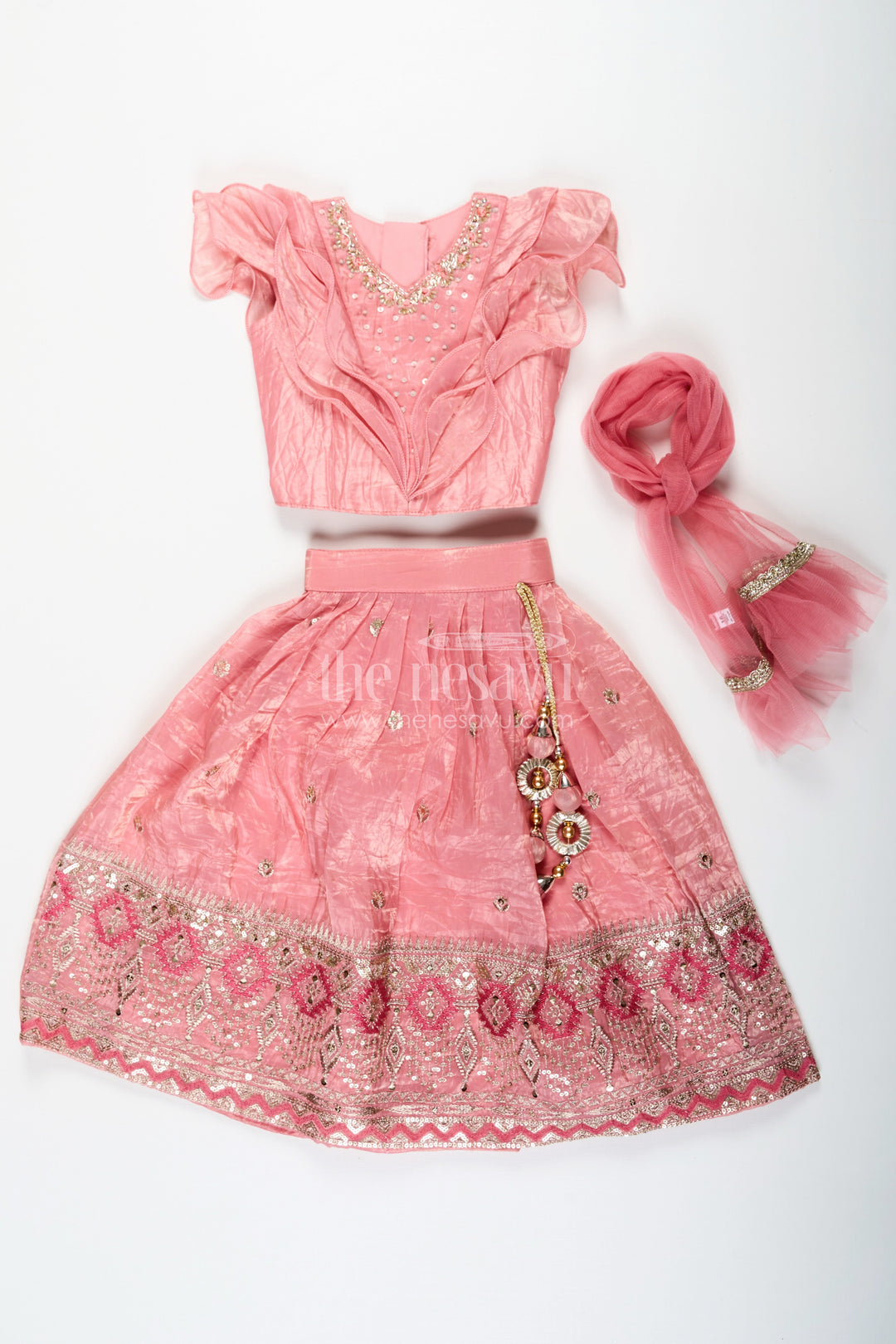 The Nesavu Girls Lehenga Choli Girls Designer Dress for Girl in Coral Pink Organza with Sequin Embroidered Lehenga and Ruffle Blouse Nesavu Designer Dress for Girl in Coral Organza with Sequin Embroidered Lehenga and Ruffle Choli | The Nesavu
