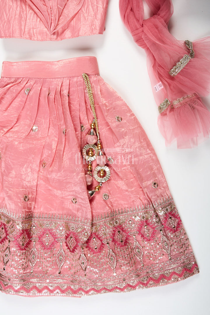 The Nesavu Girls Lehenga Choli Girls Designer Dress for Girl in Coral Pink Organza with Sequin Embroidered Lehenga and Ruffle Blouse Nesavu Designer Dress for Girl in Coral Organza with Sequin Embroidered Lehenga and Ruffle Choli | The Nesavu