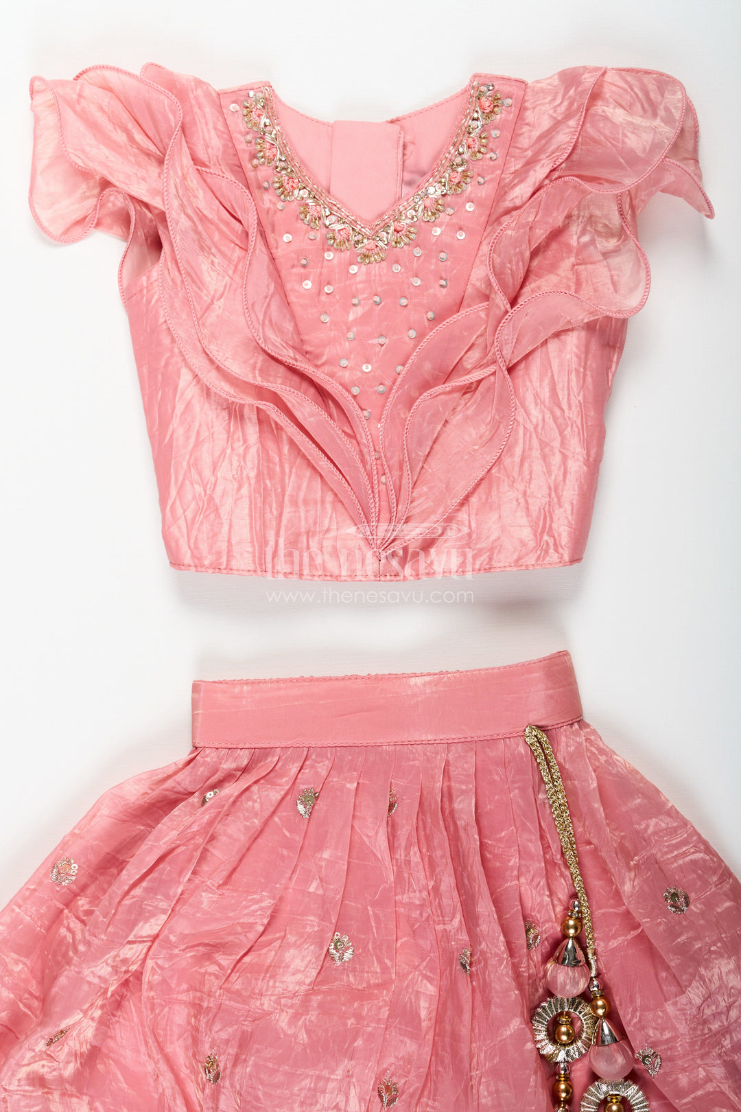 The Nesavu Girls Lehenga Choli Girls Designer Dress for Girl in Coral Pink Organza with Sequin Embroidered Lehenga and Ruffle Blouse Nesavu Designer Dress for Girl in Coral Organza with Sequin Embroidered Lehenga and Ruffle Choli | The Nesavu