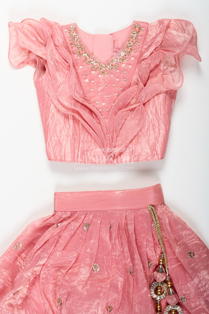 The Nesavu Girls Lehenga Choli Girls Designer Dress for Girl in Coral Pink Organza with Sequin Embroidered Lehenga and Ruffle Blouse Nesavu Designer Dress for Girl in Coral Organza with Sequin Embroidered Lehenga and Ruffle Choli | The Nesavu